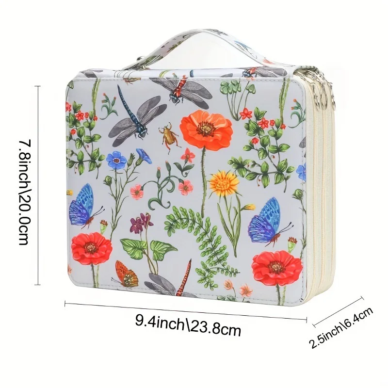 Multi-Function 124 Holes Colored Pencil Zipper Bag ,Flower Portable Three-Layer Large Capacity Storage Organizer Pen Bag 5Colors