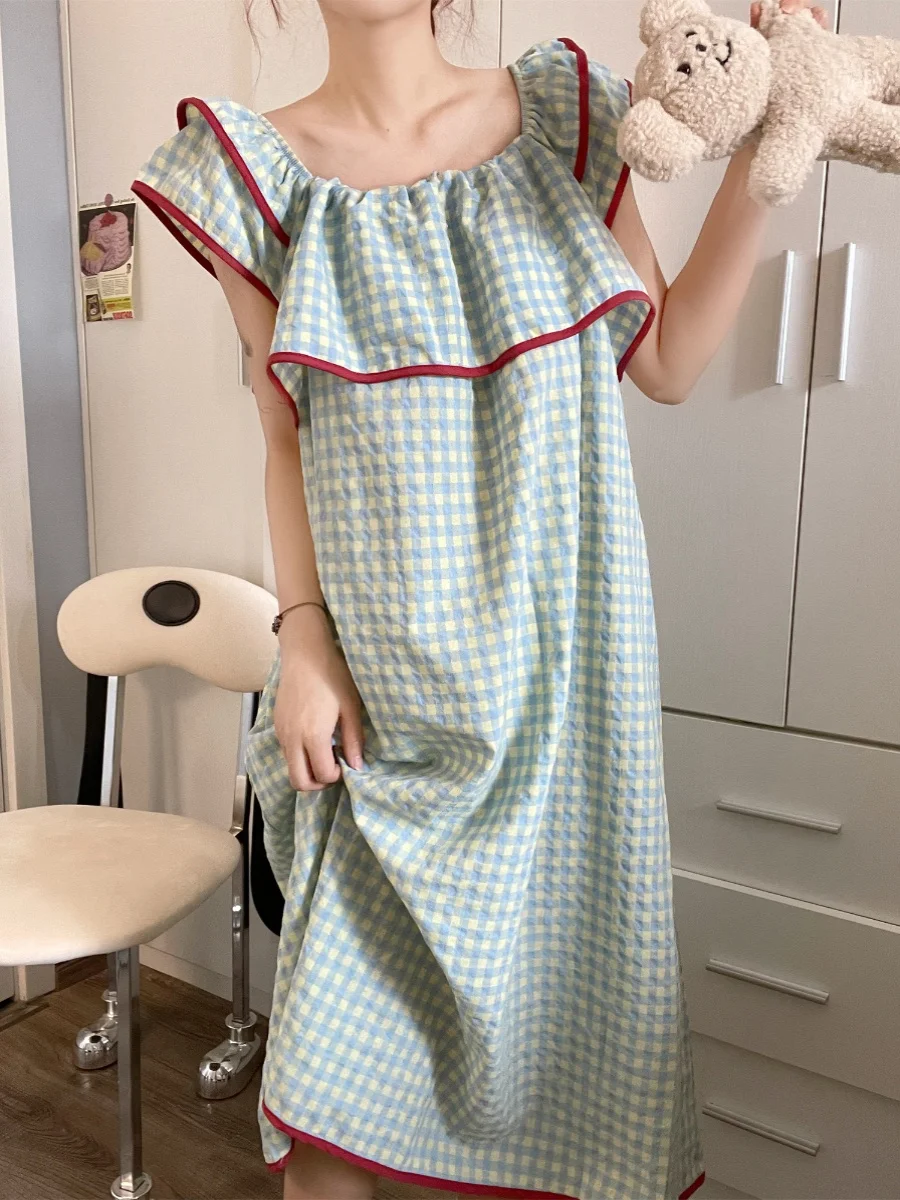 

Sweet Korean Style Plaid Sleep Dress Women's Summer Home Clothes Outdoor Wearable Short Sleeve Midi Dress with Ruffle Hem