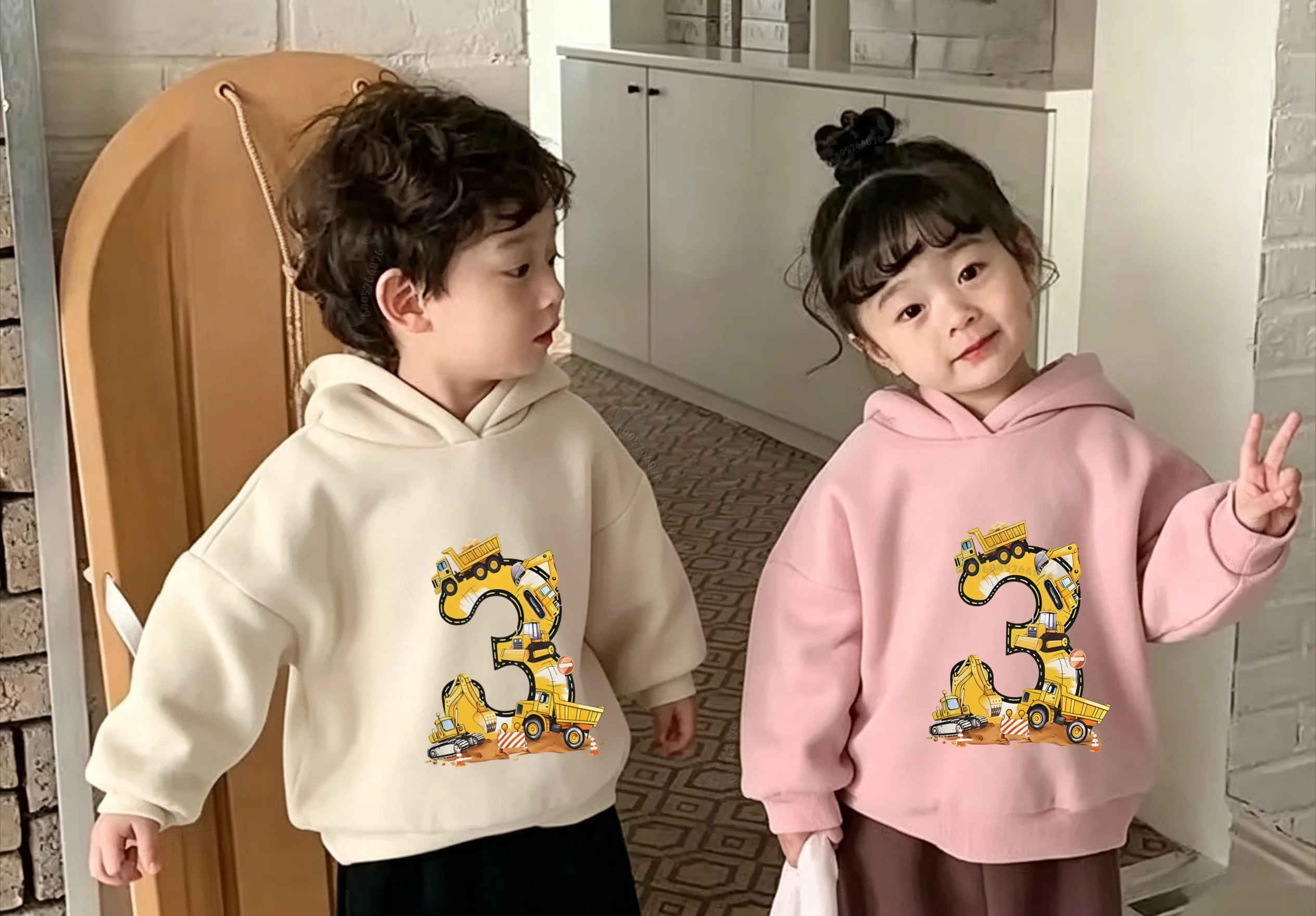 Autumn-Winter Latest Model Excavator-Tractor Digital Printing Children's Hooded Sweatshirt Birthday Gift Loose Fitted Sweater