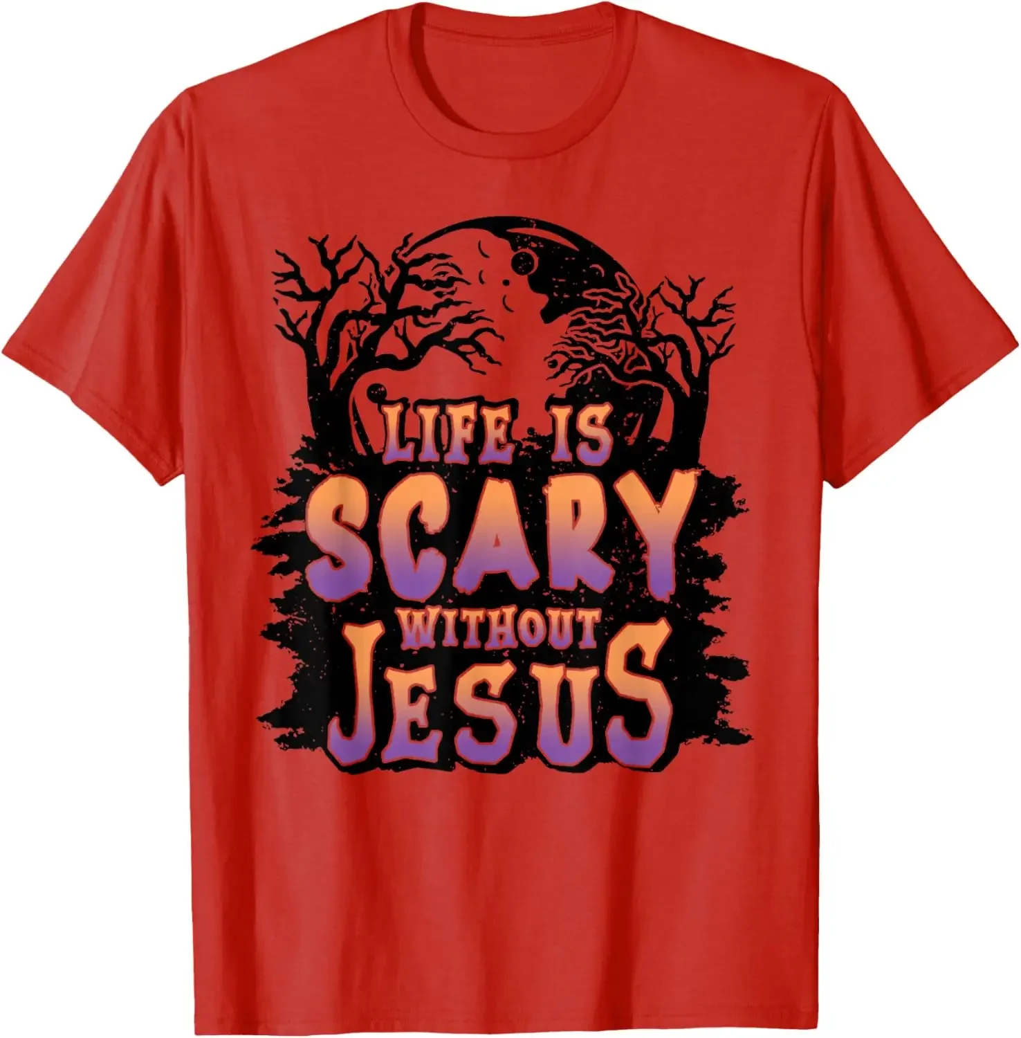 

Life Is Scary Without Jesus Halloween Graphic Tee Men's Crew Neck Short Sleeve Cotton T-Shirt