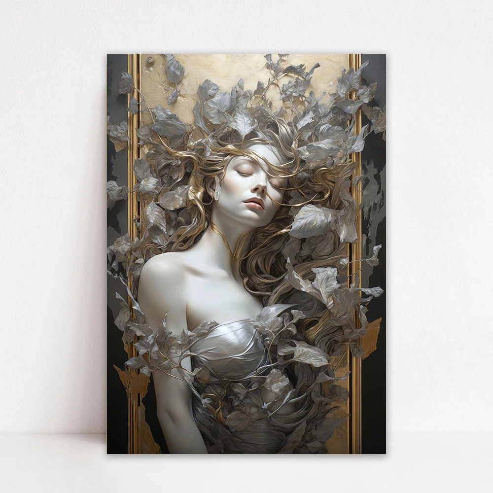 

Fashion Woman With White Flowers Wall Art Canvas Painting Golden Flower With Girl Portrait Poster Prints Nordic Boho Decor