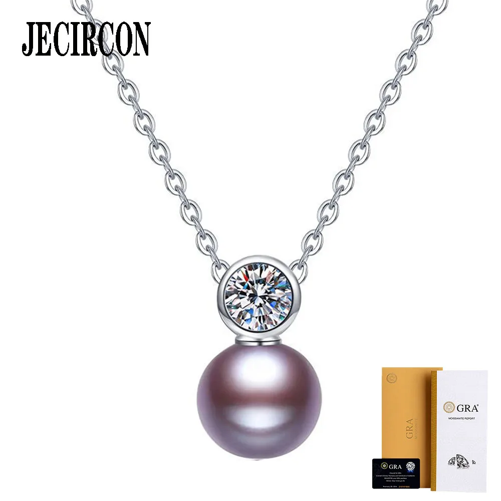 

JECIRCON 0.5ct Round Moissanite Necklace for Women 10MM Natural Freshwater Pearl Princess Pendant 925 Sterling Silver Neck Chain