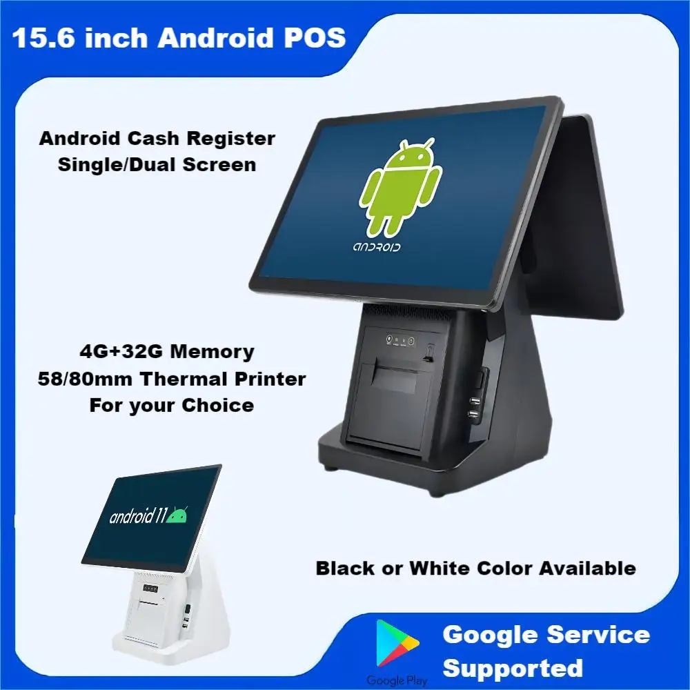 15.6インチAndroid POSシステム、58mm/80mmプリンター付きデスクトップキャッシュレジスター、4G+32G WIFI RJ11 RJ45イーサネットPOSマシン