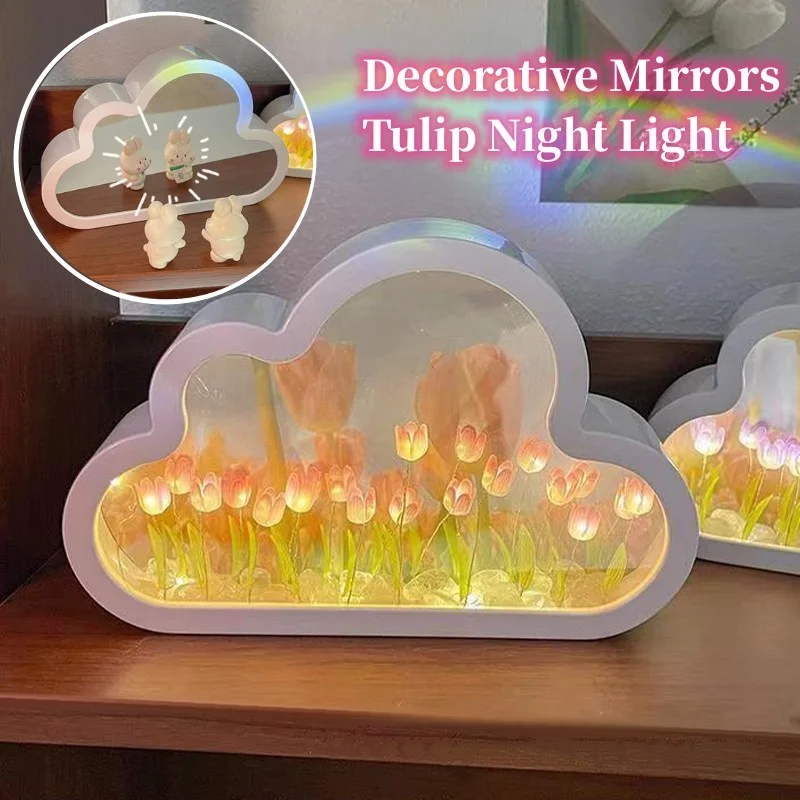 DIY LED Tulip Night Light Cloud Lamp Decorative Mirrors Photo Frame Bedroom Room Decor Table Lamp Bedside Atmosphere Night Light