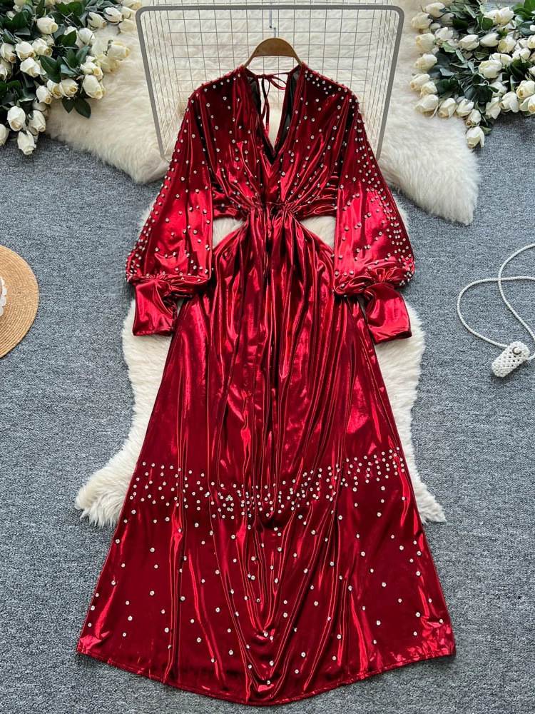 Faionable couleur métal lourd embelli diamant v-ne ceinturé lanterne Sve Dr jupe longue pour femme qui placent la taille