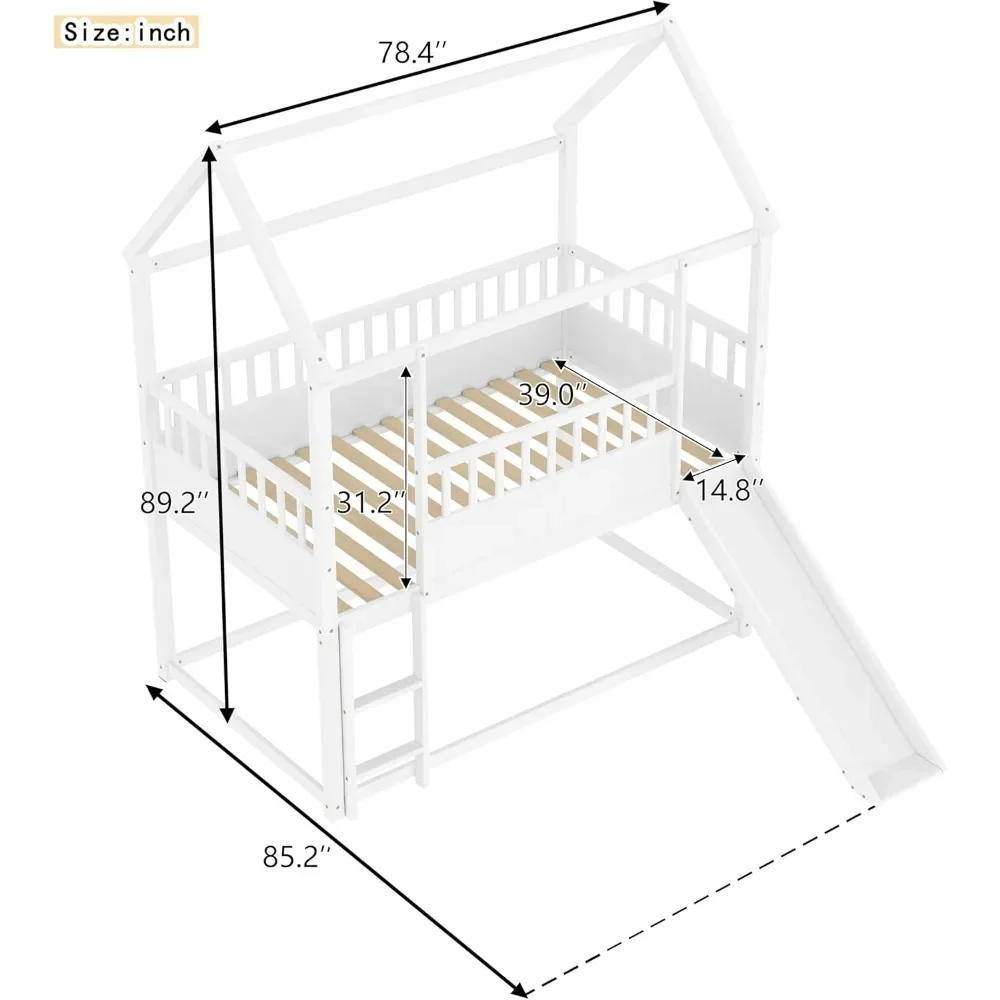 Twin Over Twin Low Bunk Bed with Convertible Slide and Ladder House Roof Design Kids Bed Frame Floor Bunk Bed