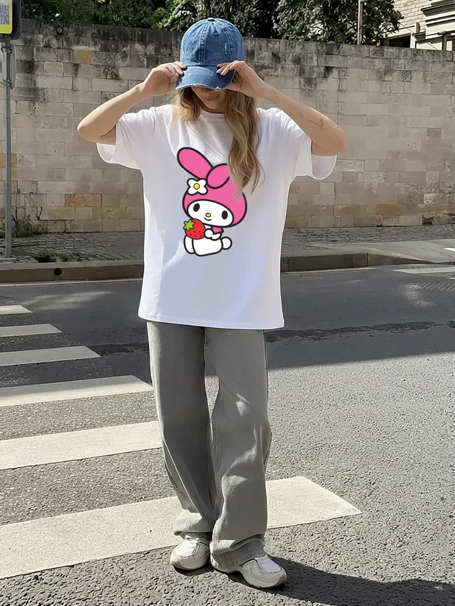 Sanrio My Melody Women Short Sleeve T Shirt Strawberry White Flower Cartoon Graphic Tee Kawaii Girls Summer Casual Oversized Top