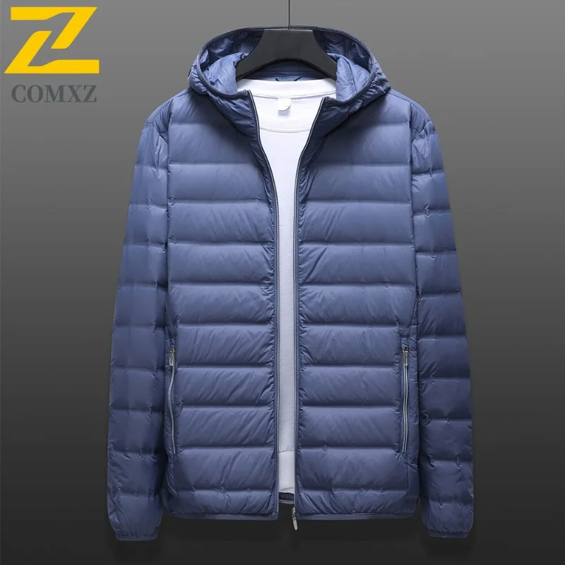 COMXZ 2025 Mens Winter Hooded Thick Puffer Jacket American Style Waterproof and Windproof Long Outdoor Sports solid color Coat