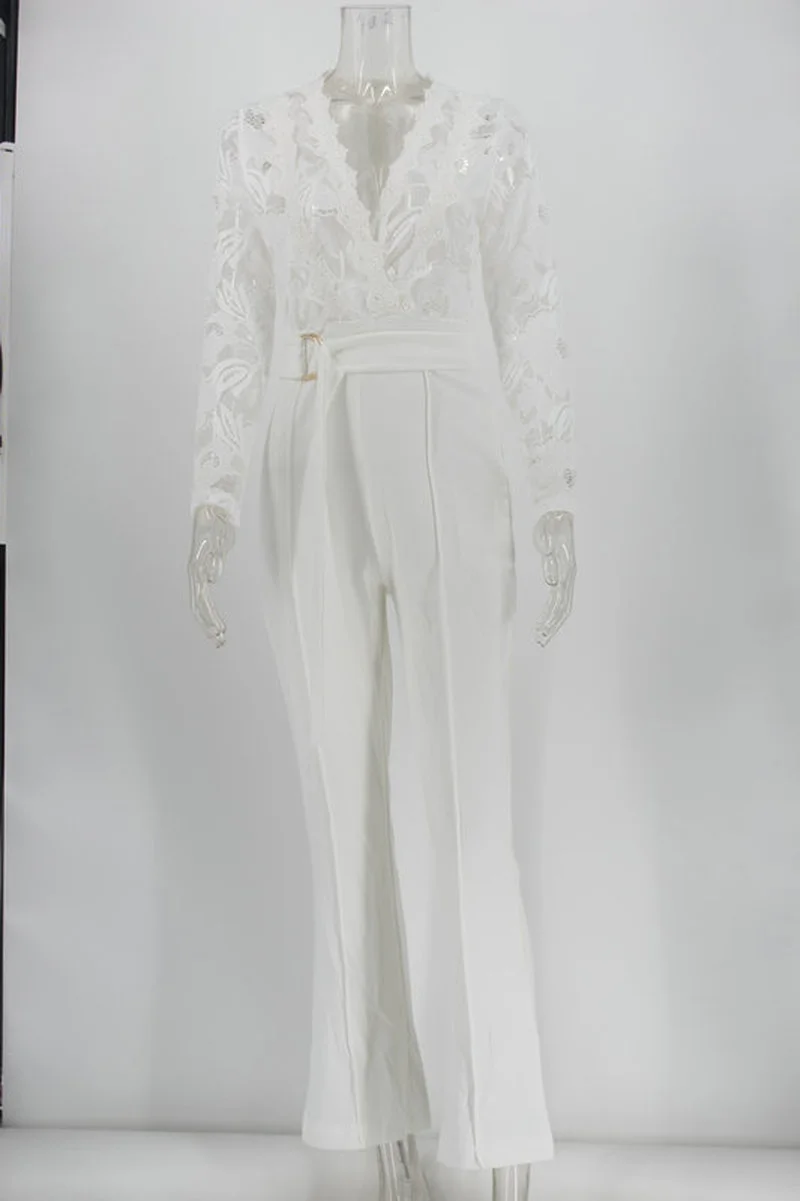 VOLALO Rompers Sexy Jumpsuit White Jumpsuit Women Lace Stitching Long Sleeve V-neck  Wide Leg Long Pants Office Lady Jumpsuits