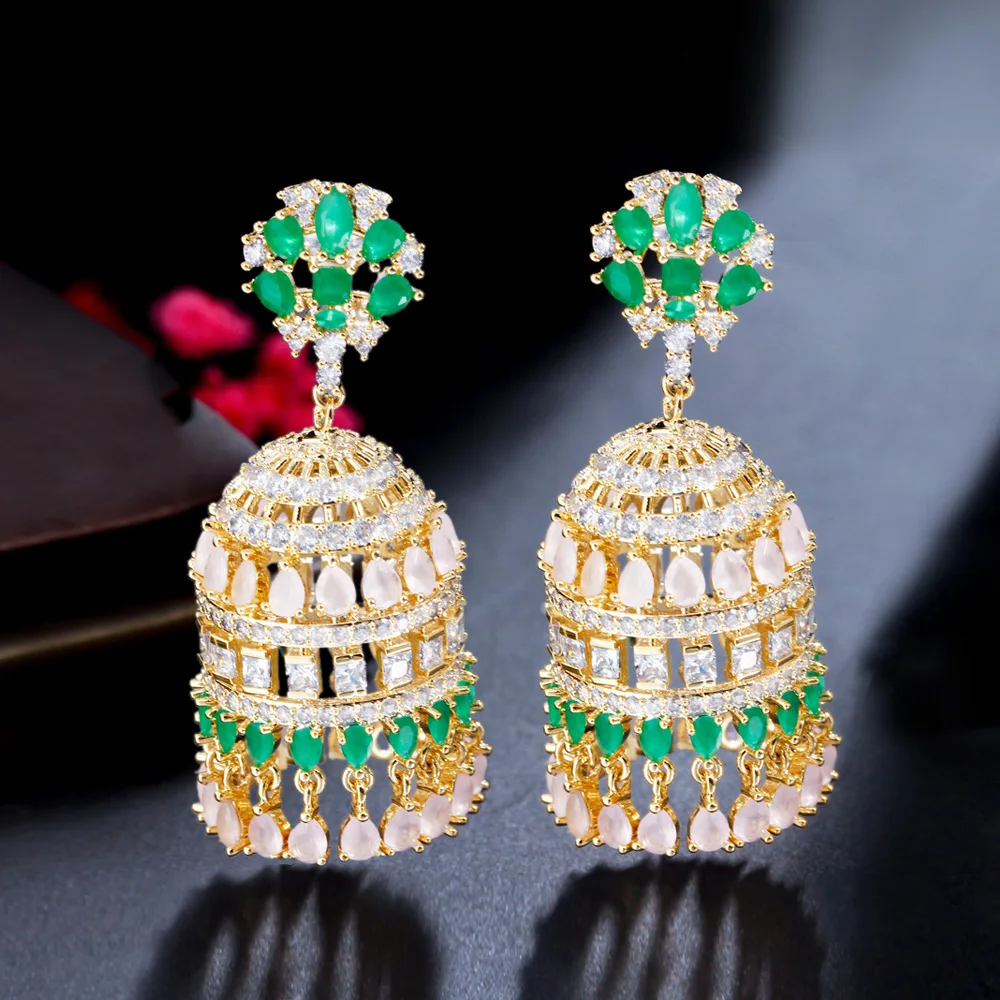 CWWZircons New Indian Trendy Round Shape Gold Plated Multicolor CZ Bell Long Earring for Women Luxury Dubai Bridal Jewelry CZ343