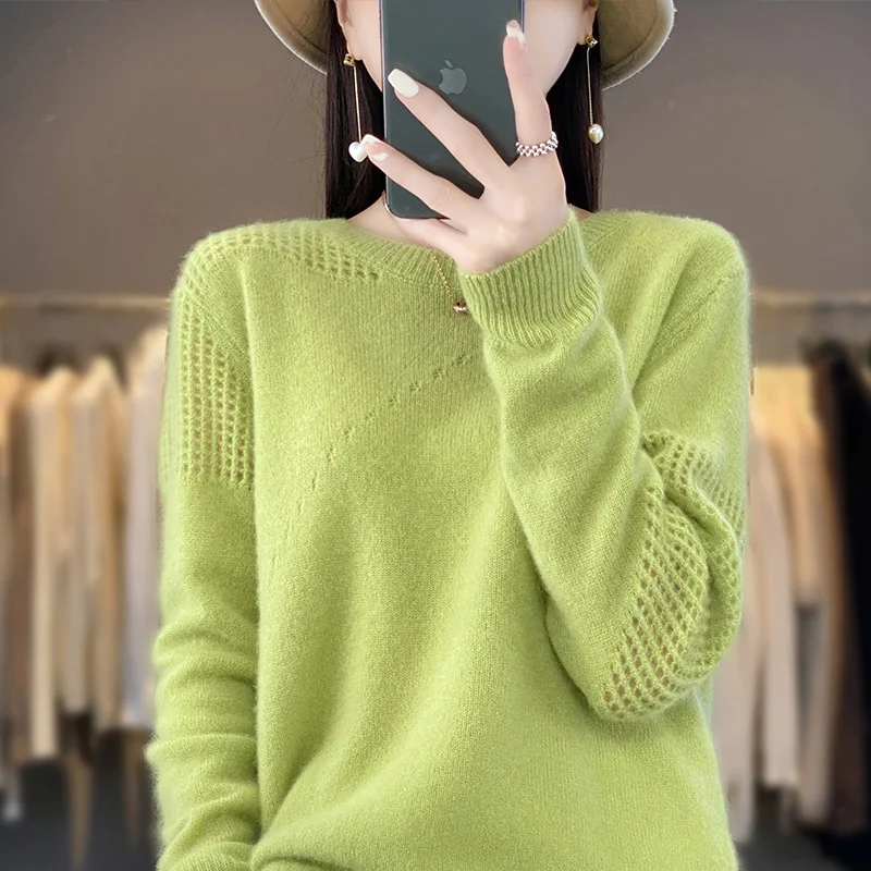 100% Merino Wool Clothing Women\'s O-Neck Pullover Spring and Autumn Thin Knitted Thread Hollow Top Fashion Korean New Product