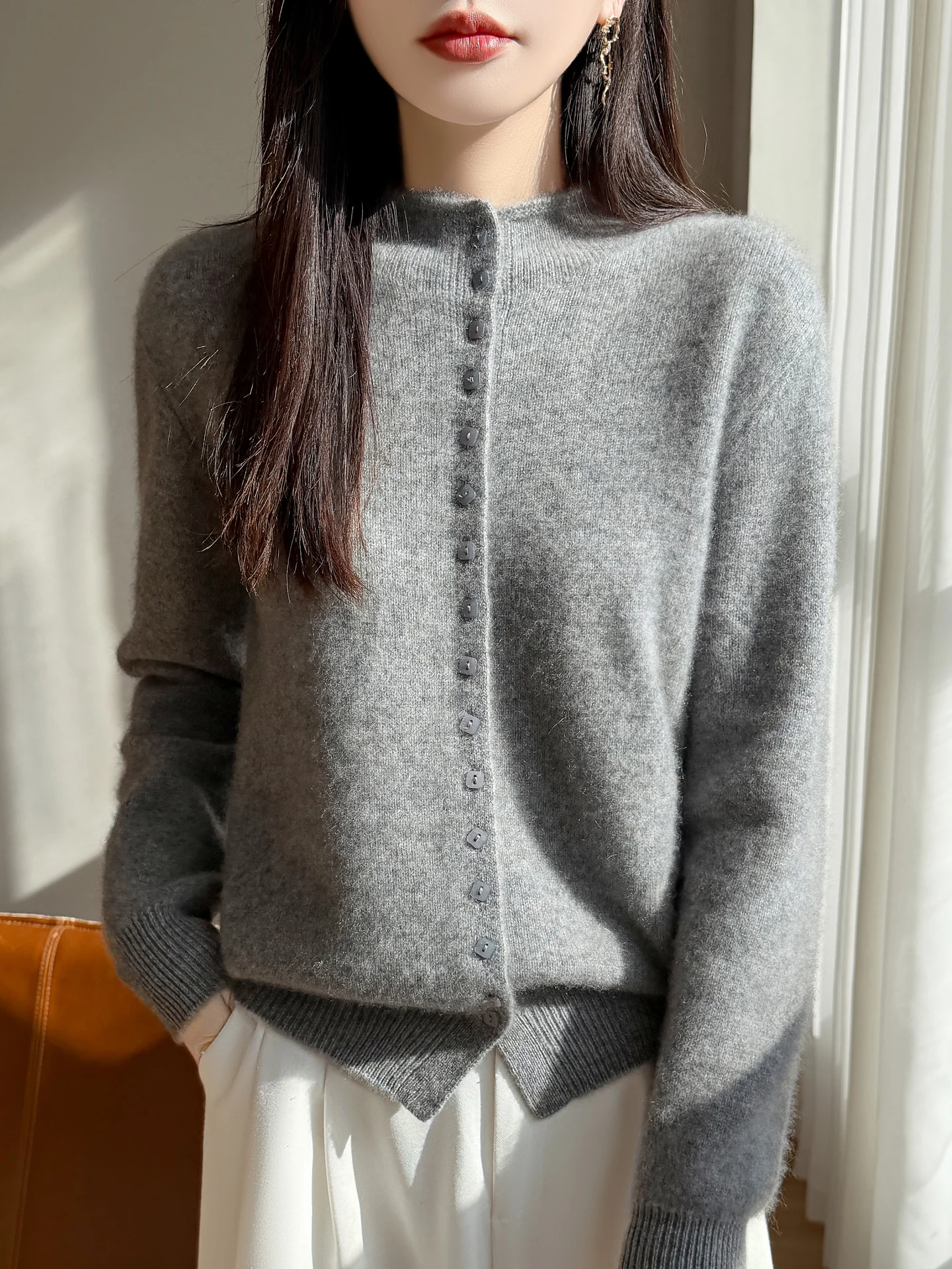 Autumn Winter 100% Pure Wool Cardigan Sweater Women's Soild Single Breasted Basic Long Sleeve Tops Cashmere Knit Coats High-end