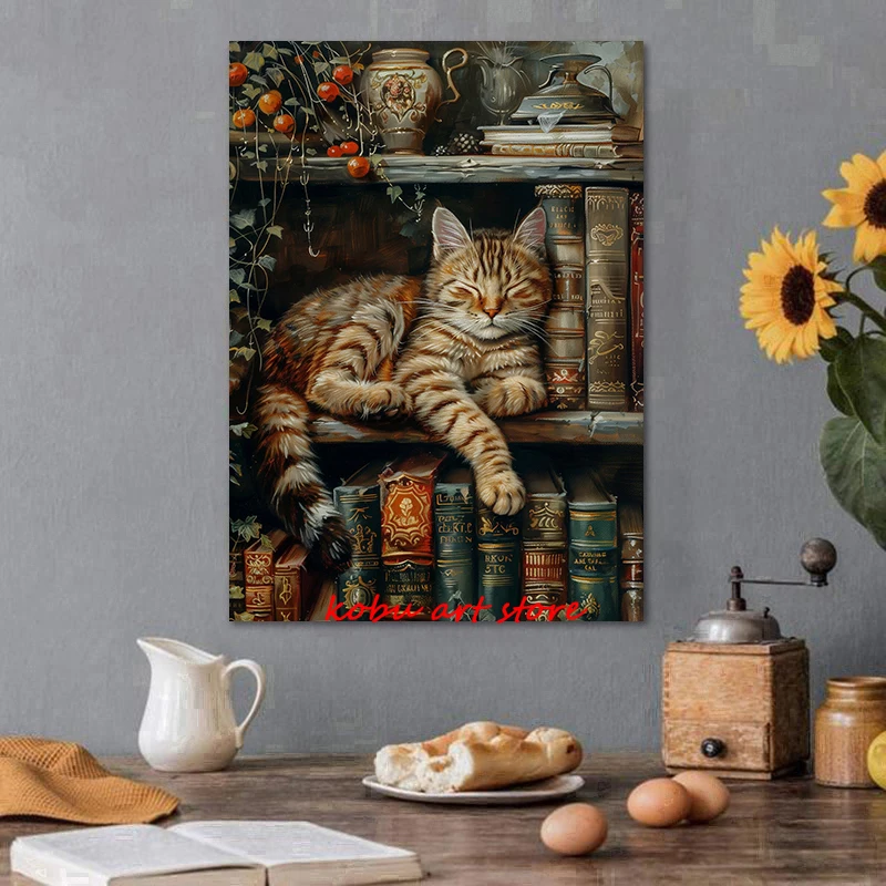 Vintage Sleeping Cat Antique Posters Canvas Printing Stack Books Lazy Cat Bookish Wall Art Picture for Library Home Room Decor