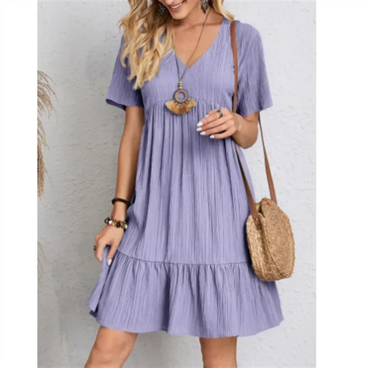 Kobiety Vintage Mini Sukienki 2025 Lato Solidne Casual V Neck Ruffles Sukienka Ladies Boho Loose Beach Party Eleganckie sukienki Vestidos