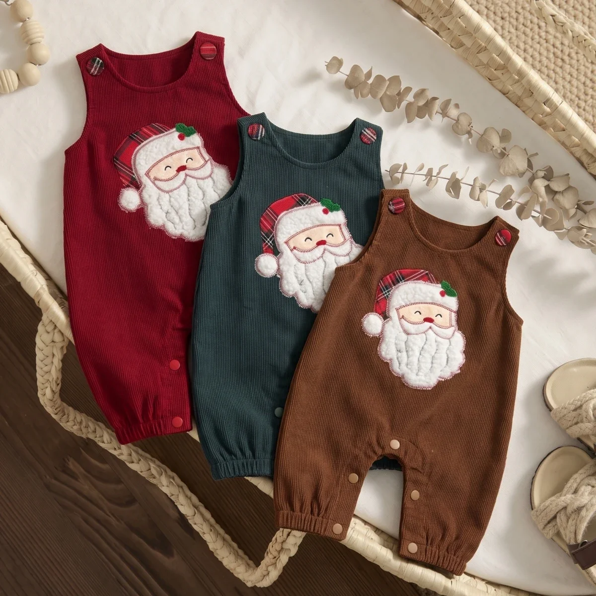 Infant Christmas Sleeveless Romper, Corduroy Santa Claus Embroidered Jumpsuit, Baby Winter Outfit Clothes