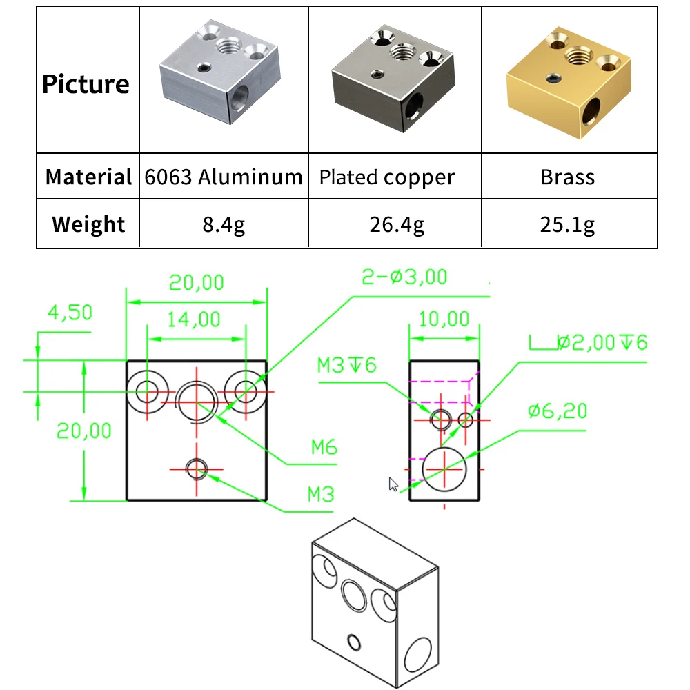 CR10 Heated Block Copper Plated Aluminum Brass Heatblock 3D Printer Parts CR10 Bimetal Heatbreak Throat For Ender 3 CR10S Hotend