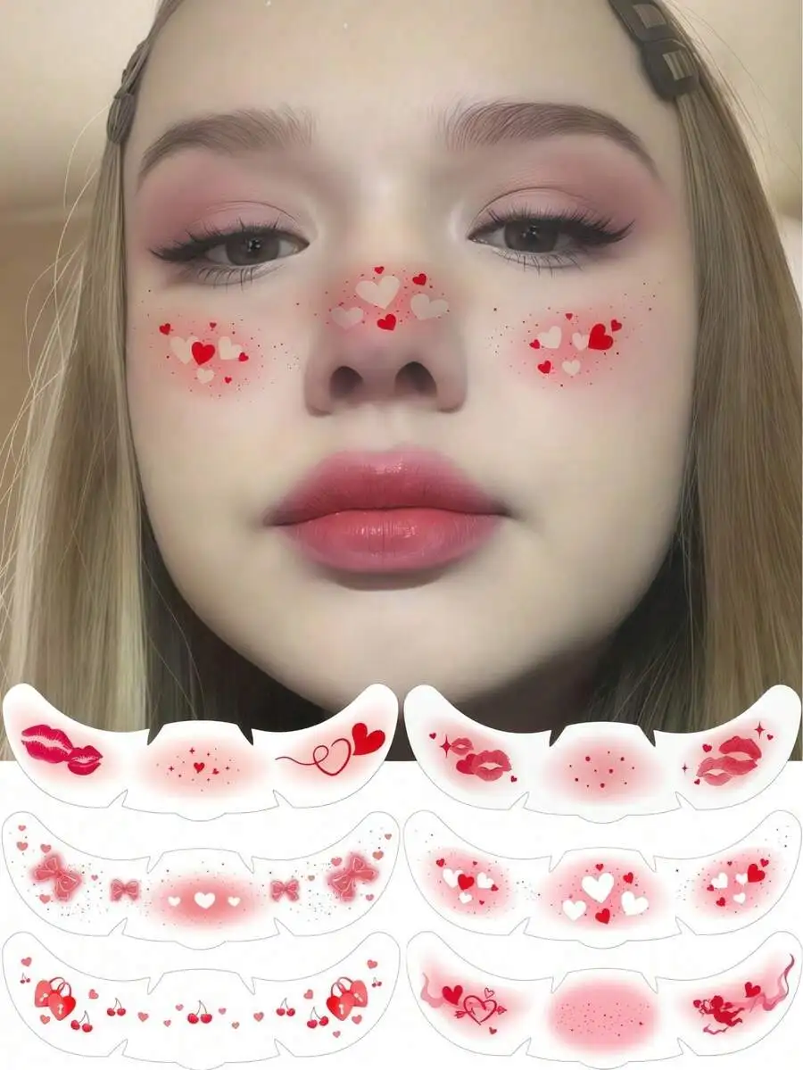 

6 Sheets Valentines Freckles Face Tattoo Cute Kiss Tattoos Temporary Waterproof Cherry Heart Kiss Stickers For Women Makeup Vale