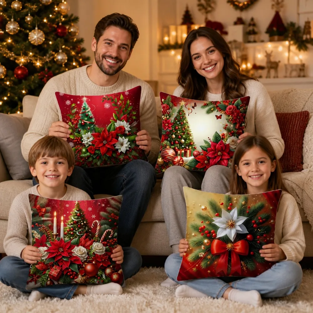 2D Printed Christmas Decorative Pillow Covers, Xmas Tree Poinsettia Cushion Case, Winter Festive Sofa Home Decor Pillowcase