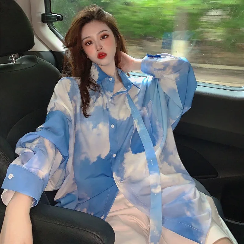 Women Shirt Turn-down Collar Chic Tie-dye Gradient All-match Young Casual Lazy Style Spring Sun-proof Loose Fit Cozy Ulzzang