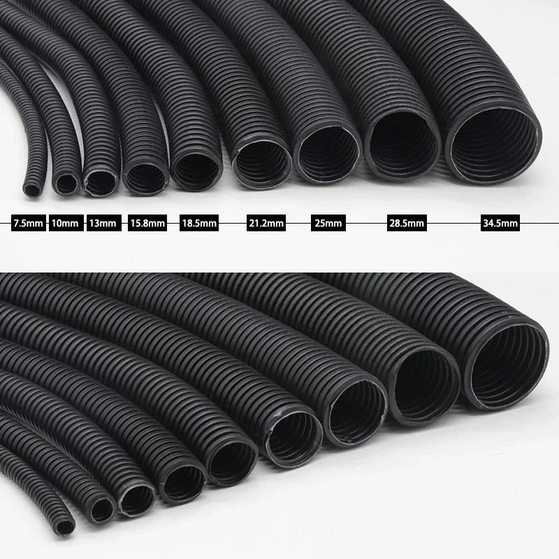 Black PP Insulated Corrugated Pipe AD 7.5mm~34.5mm Wire Hose Plastic Corrugated Pipe Car Cable Heat Resistant Protective Sleeve