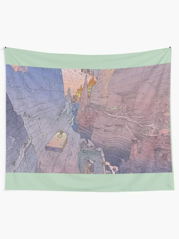 the world of edena,mountain, cliff, monumental,comic,moebius, psychadelic, landscape, ship, seagull Tapestry