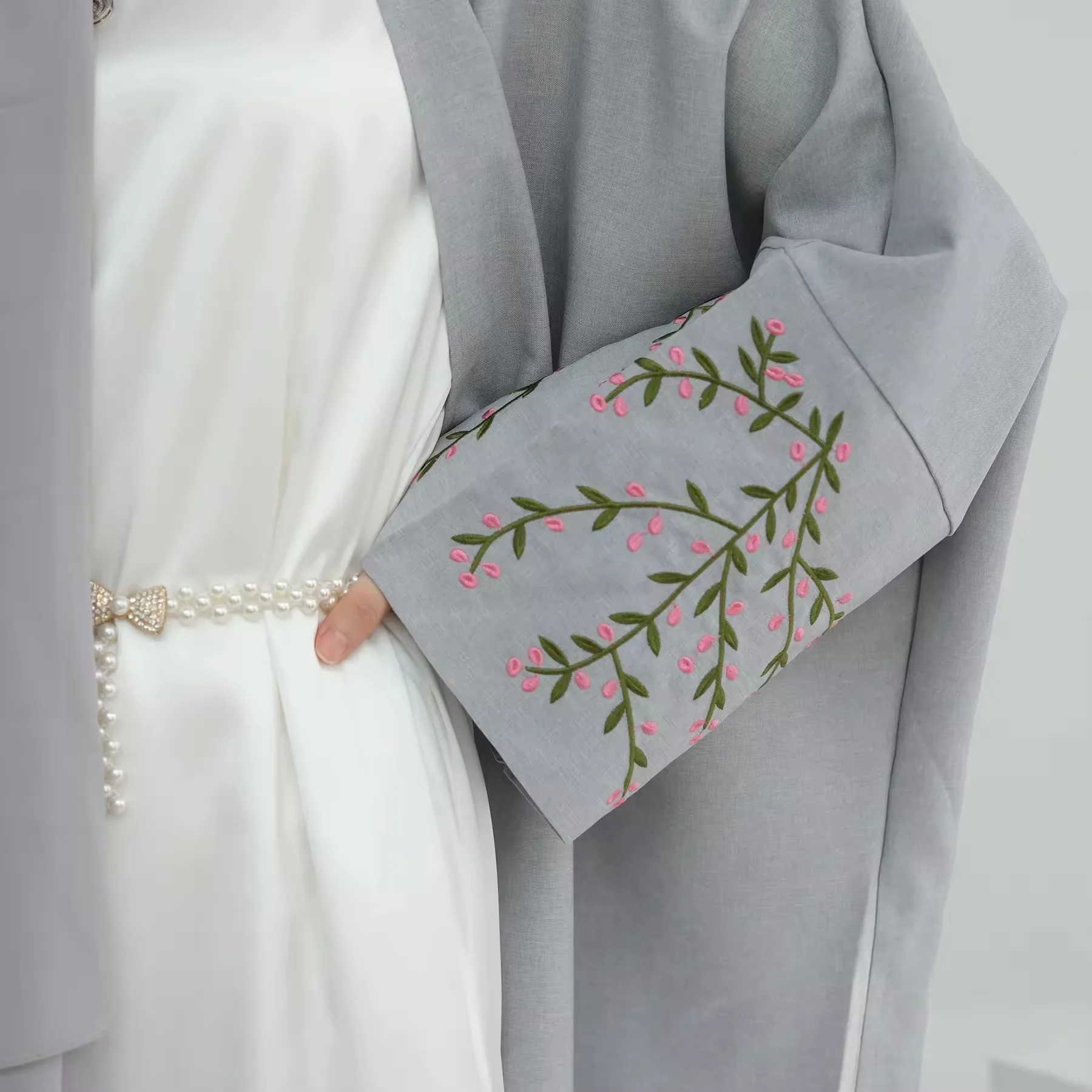 2024 Eid Ramadan Bloemen Borduurwerk Abaya Bescheiden Kleding Dubai Abaya Kalkoen Linnen Kimono Islamic Kleding