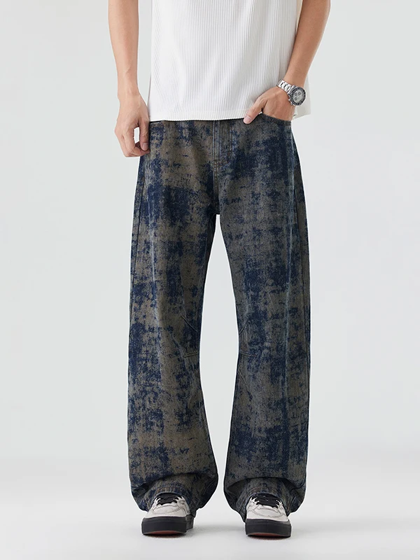 

High-End Laser Retro Spotted Texture Men's Jeans Loose Straight Leg Casual Long Pants Torn Knife ape Wear Resistant