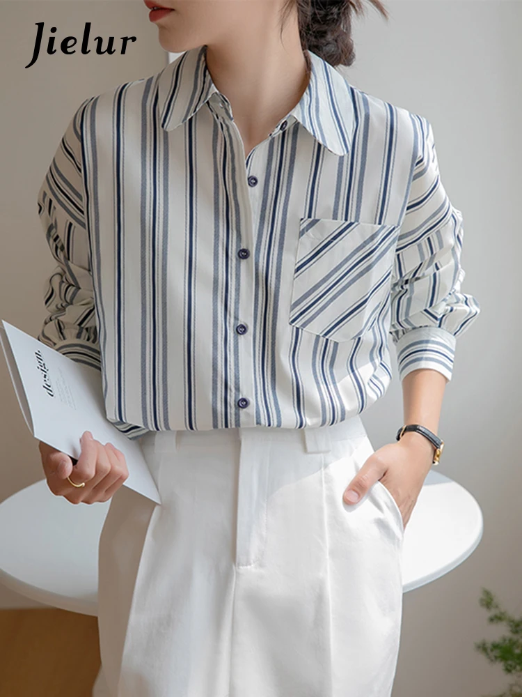 Jielur Vintage Striped Shirts Women Spring New French Elegant Lady Blouses Blue Long Sleeved Chic Pocket Top Shirt Female