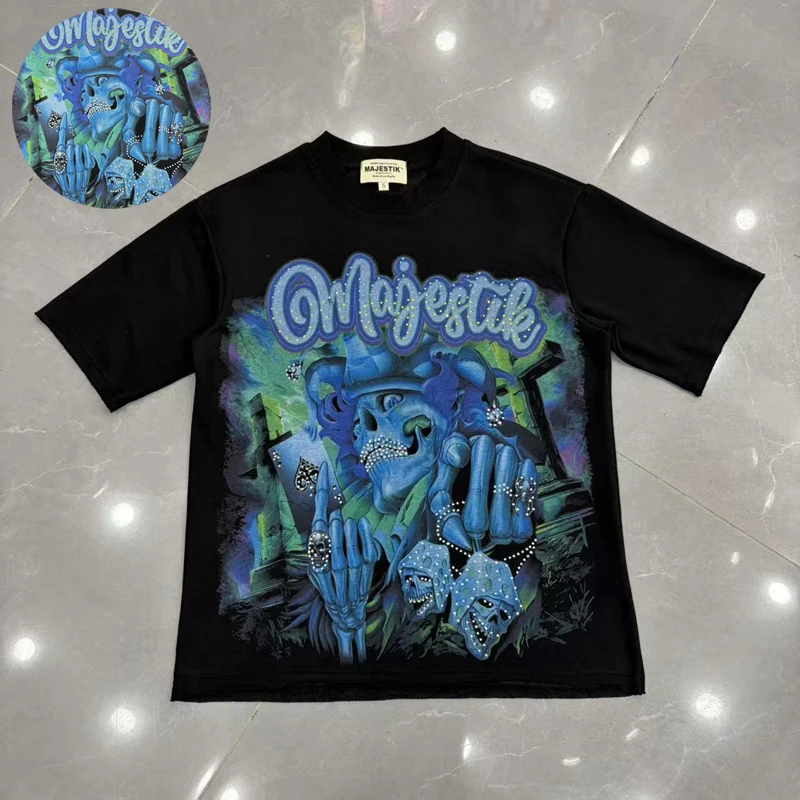 American Style Old School Halloween Skull Graffiti T-shirt Rhinestone Letter Casual Oversized Majestik Short Sleeve Tee
