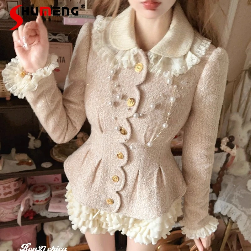 

French Style Elegant Sweet Short Woolen Coat Double Collar Wool Tweed Waist-Cinching Long Sleeves Single-Breasted Jacket Female