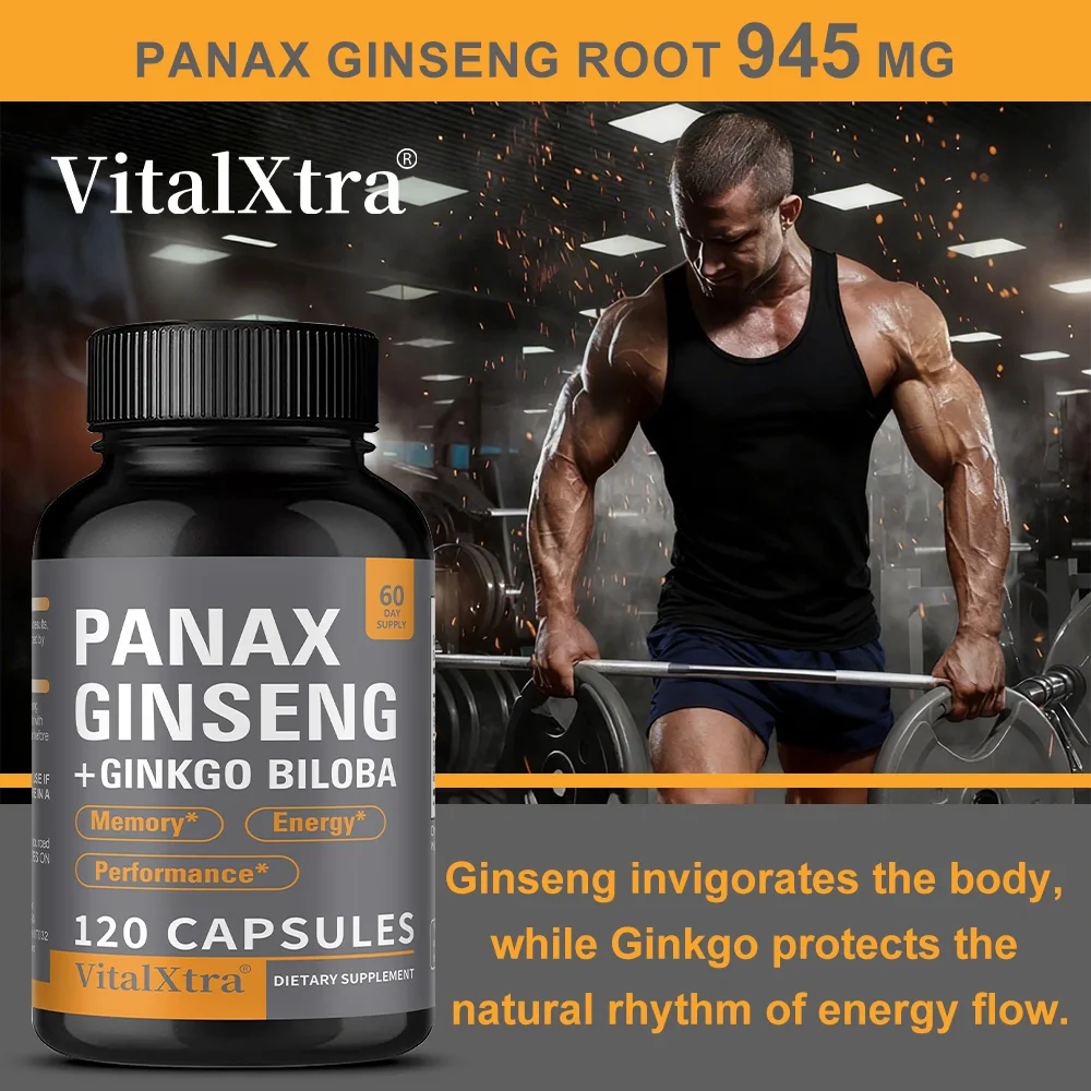 Panax Ginseng + Ginkgo Biloba, 120 Vegan Capsules, Supports Heart Health and Muscle Function, Athletic Performance