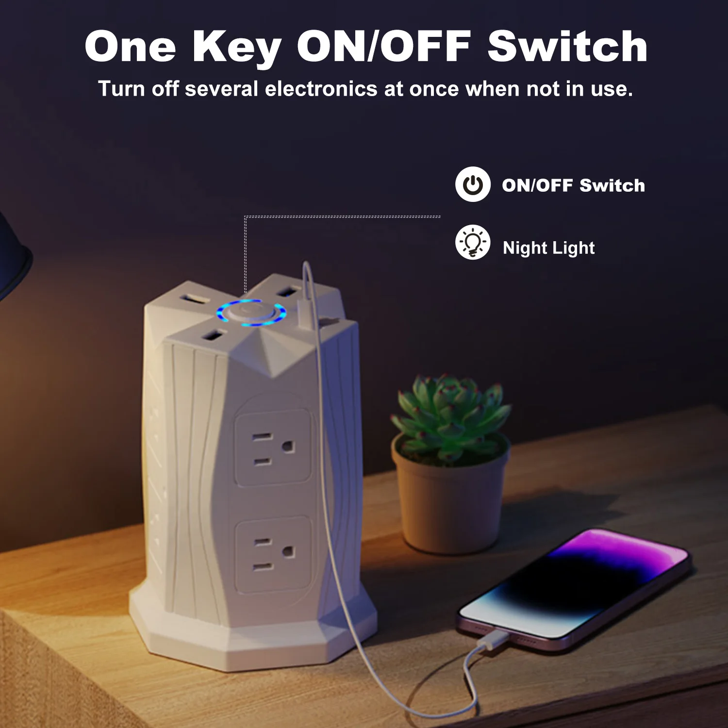 2 Meter 8-Way Surge Protector Tower with Switch, 3 USB and 1 Type-C Ports