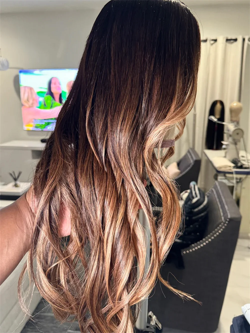 Caramel Copper Balayage Highlights Wig Melted Dark Roots Synthetic Lace Front Wig Middle Part Realistic Look Luxury Women's Wig