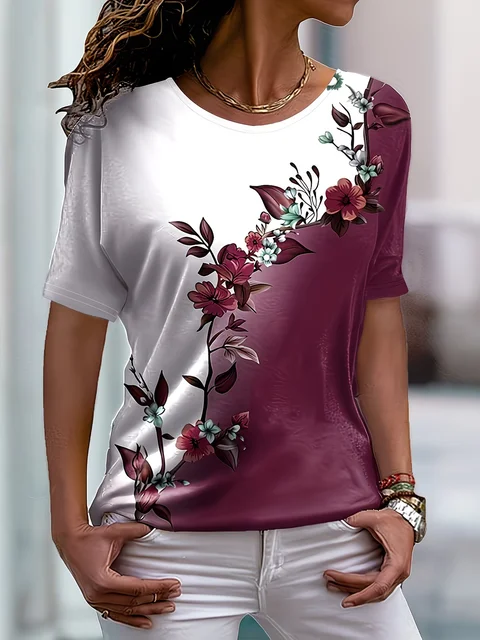 Lady T Shirts Crew Neck Short Sleeve Gradient Purple Flower Branch Print T Shirt Women's