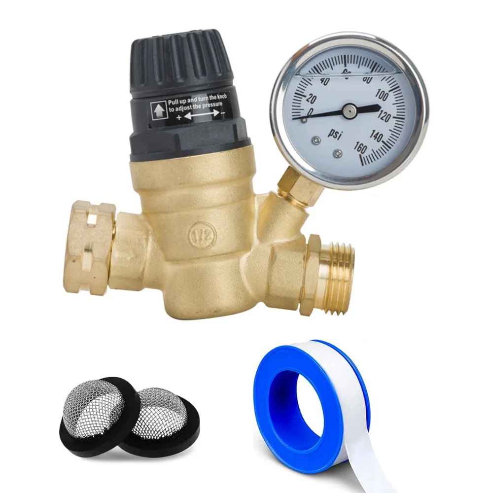 

PRV Pressure Reducing Valve NH3/4 Thread Brass Adjustable Water Pressure Regulator Reducer with 0-160PSI Gauge Meter