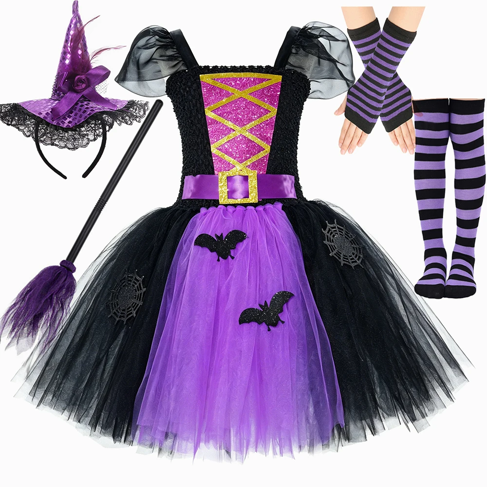 Halloween Witch Costume for Girls Fairytale Wicked Witch Tulle Tutu Dress Ball Gown Black & Purple Kids Carnival Party Dress Up