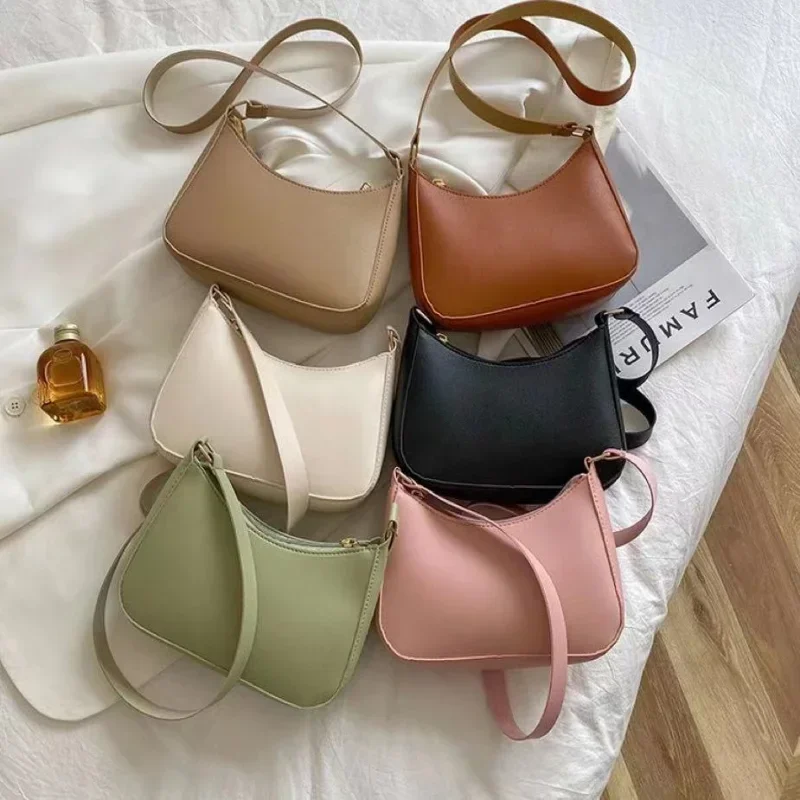 Fashion Women\'s Small Shoulder Bags Casual Solid Color Totes Bag PU Leather High Quality Underarm Bags Zipper Design Lady Wallet