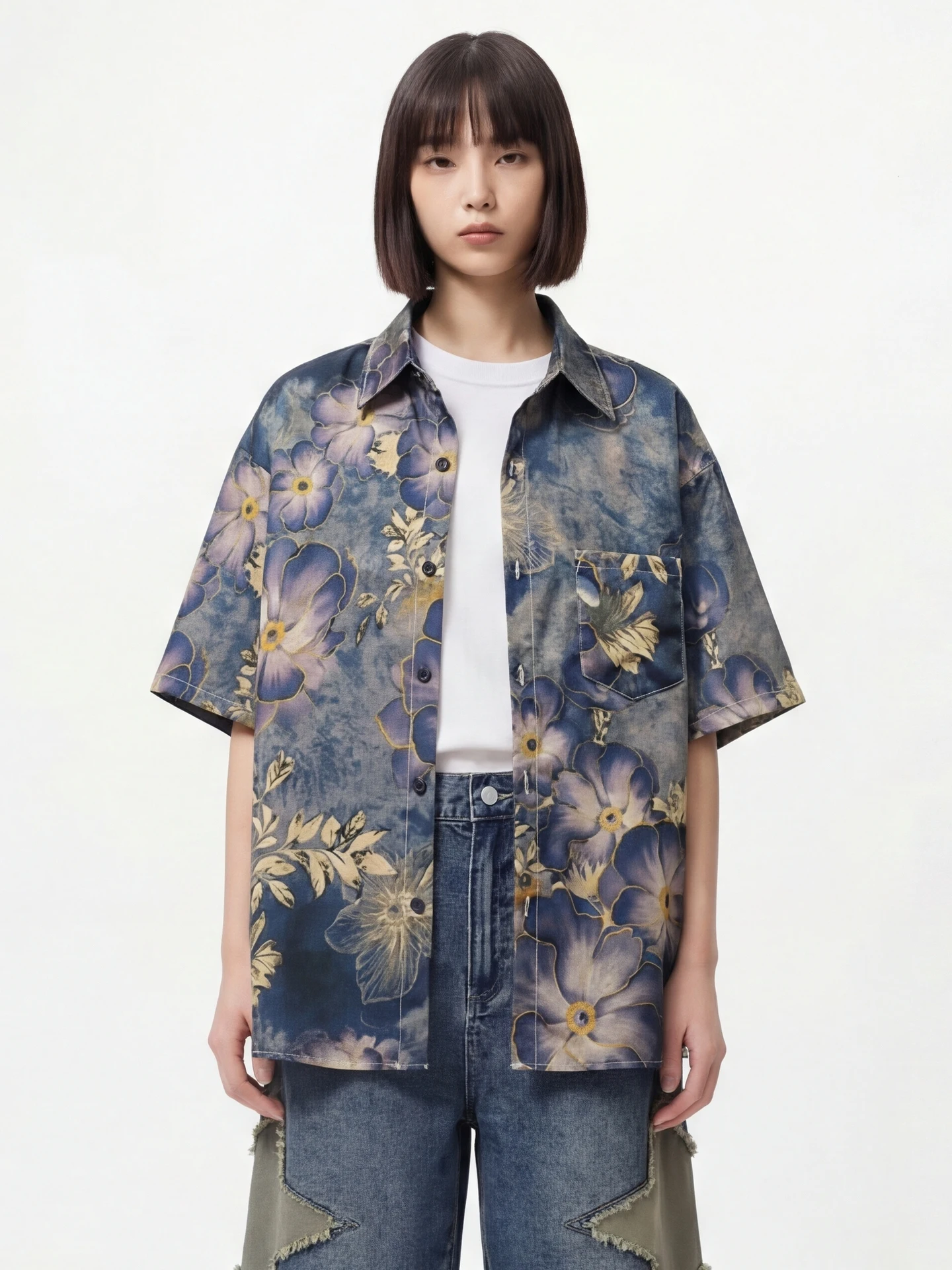 Travel Issuance Unisex Floral Print Loose Fit Short Sleeve Shirt Breathable Polyester Casual Style Spring Autumn Wear