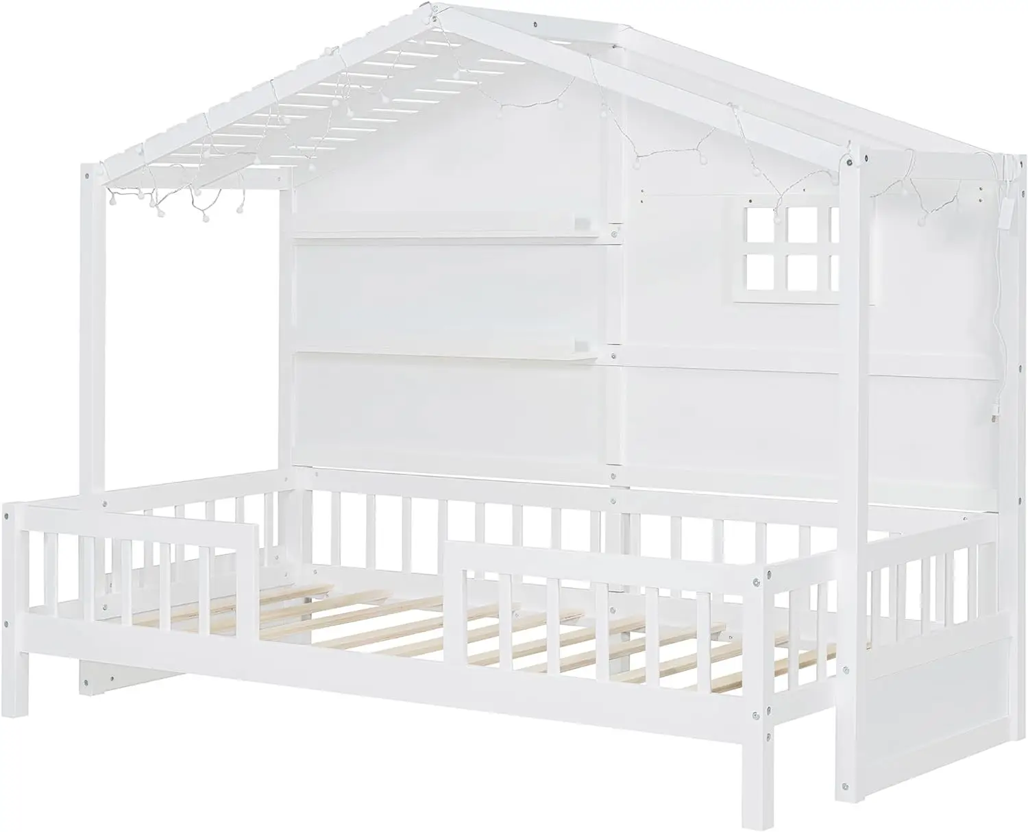 Cama Twin Size House com Cerca Semi-Fechada e Prateleiras, Casa de Madeira, Moldura com Janela, Tira de Luz Espumante no Telhado