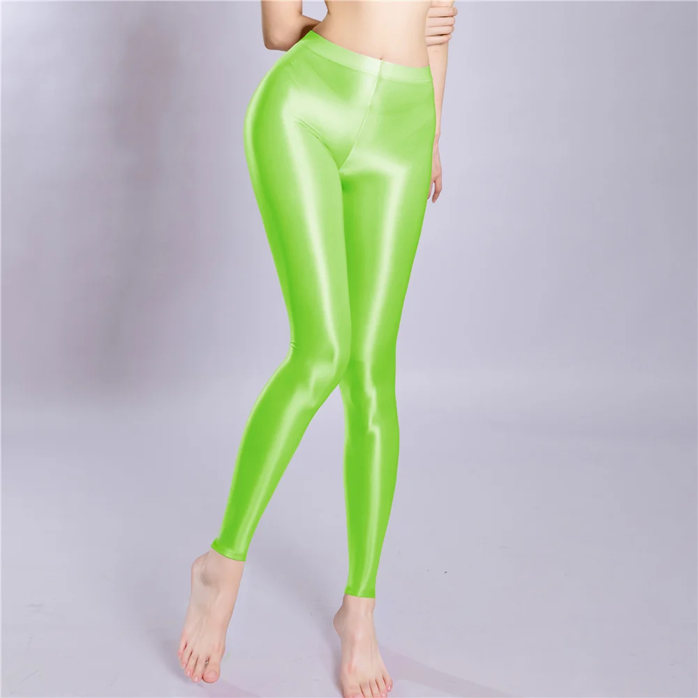 섹시한 여성 메이드 펜슬 바지 오일 광택 반짝 이는 요가 쉐이핑 스타킹 탄성 팩 엉덩이 레깅스 댄스 착용 캔디 컬러