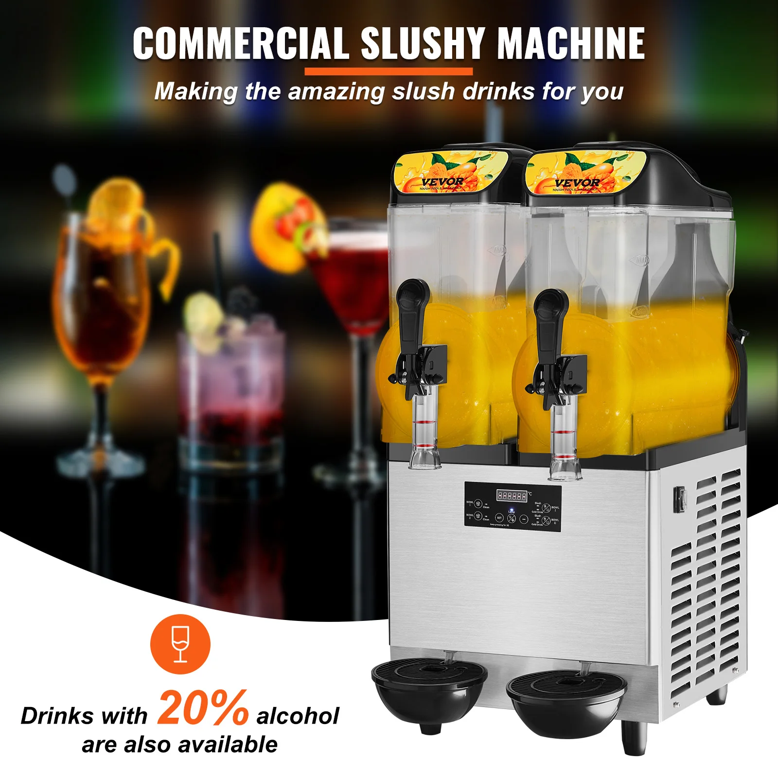 VEVOR Commercial Slushy Machine 24L/6.4Gal Stainless Steel Margarita Smoothie Frozen Drink Maker 100Cup Wine Smoothies Maker