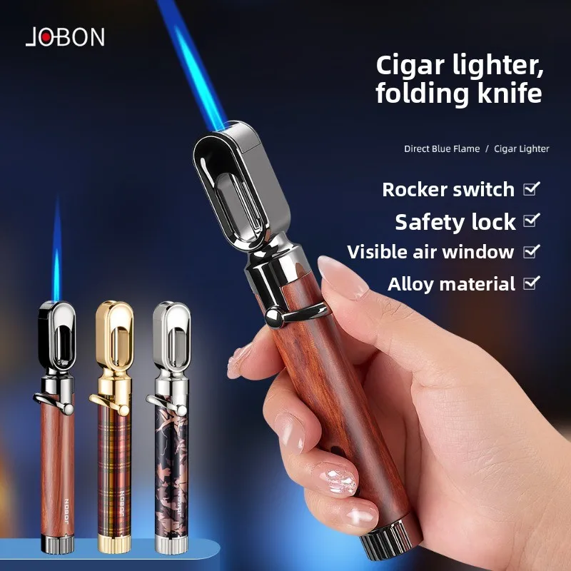 2026 JOBON Cigar Lighter Visual Gas Window Safety Lock Switch Bottom Folding Cigar Diamond Jet Blue Flame Butane Gas Lighters