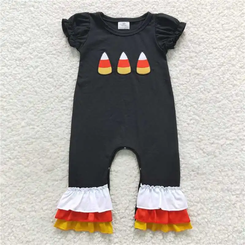 Mode Baby Mädchen Stickerei Halloween Kürbis Welpe Orange Plaid blaugrün Kurzarm Bodysuit Großhandel Boutique Kinder rts