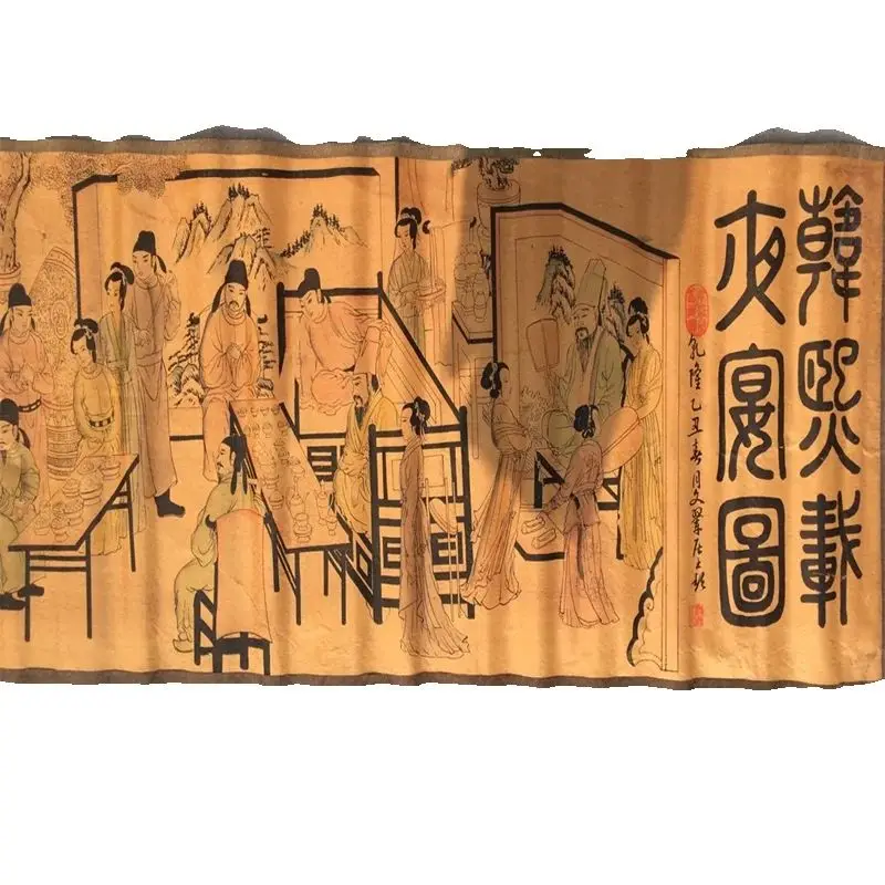 

Chinese Old Long Scroll Mural Painting Calligraphy Collectible Night Banquet Picture Traditional Art Decorative Roll