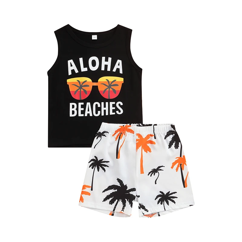 

Boy Shorts Set Letter Glasses Sleeveless Vest Tops Tree Printed High Waist Breeches Suit