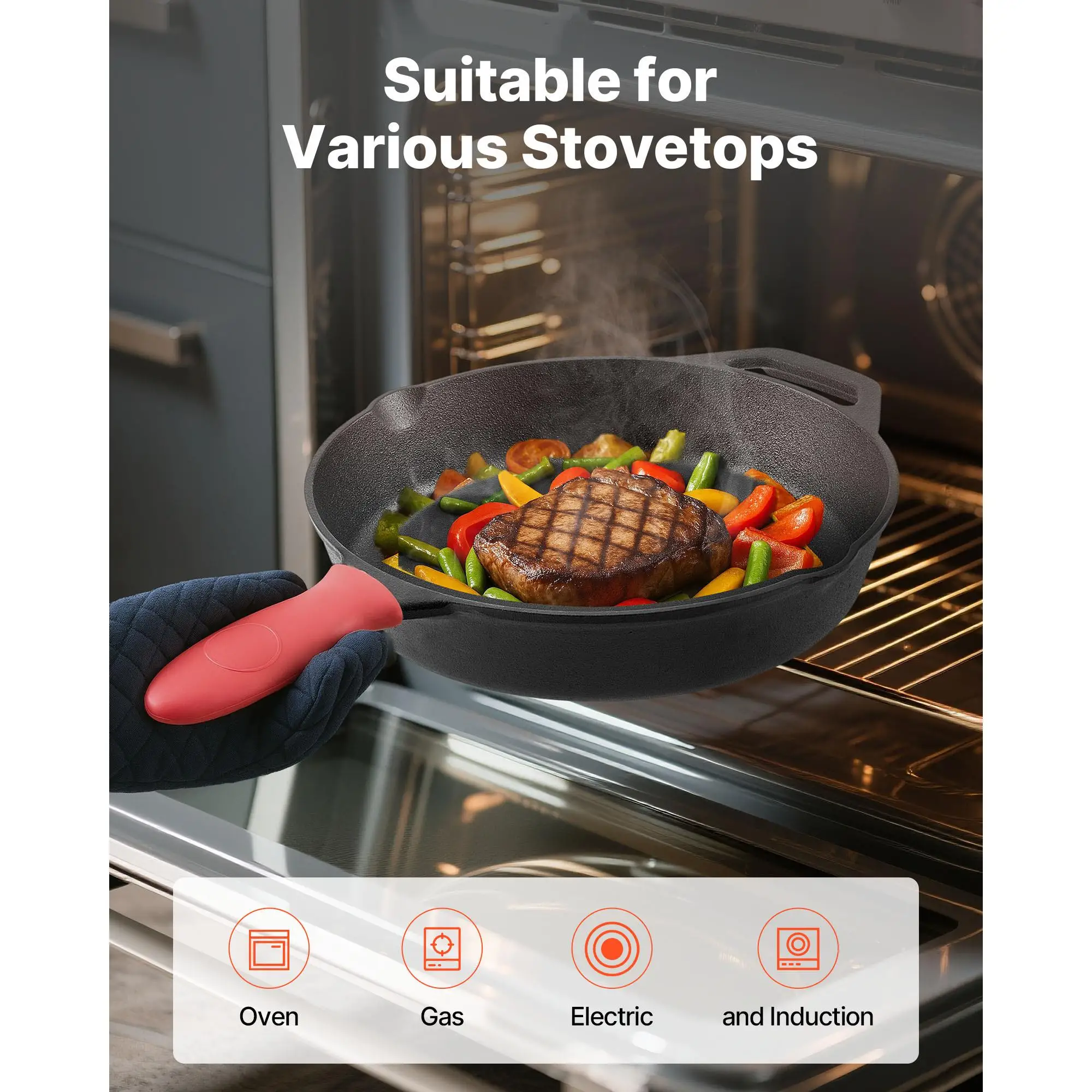 Cast Iron Skillet Set 4 Piece Frying Pans 6 8 10 12 Inch Pre Seasoned Cookware with Heat Resistant Silicone Handles for oven Gas Electric and Induction Cooking Black