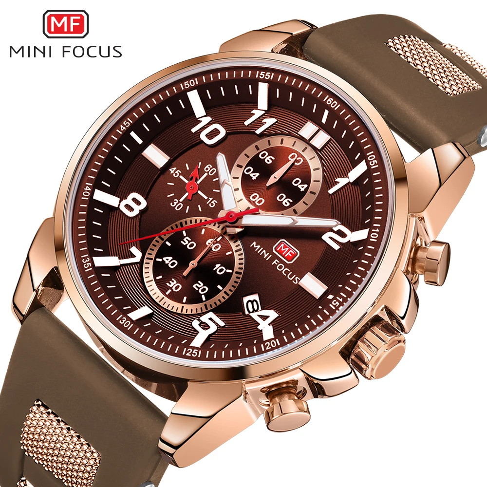 MINI FOCUS Brown Sports Quartz Watches Fashion Chronograph Luxury Brand Waterproof Watch for Men Casual Silicone Band Clock 0268