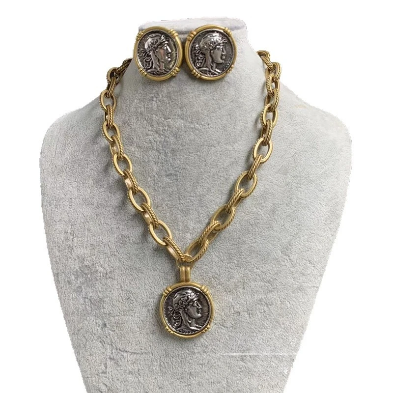 Ancient Roman Lucky MuseCoin Stud Earrings  Necklace Jewelry Set, Medieval Vintage Portrait Thick Chain Pendant