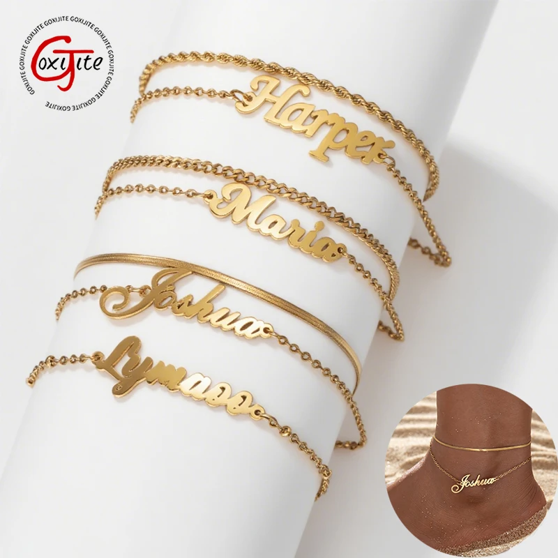 Goxijite Personalized Name Double Layer Stacked Anklet Stainless Steel Cuban Chain Anklet Daily Accessories Jewelry Gift