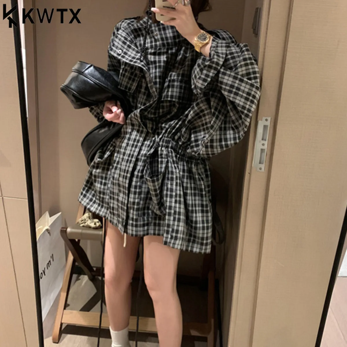 

KWTX Women 2025 New Color Block Plaid Jacket Belted Waist Lapel Pocket Vintage Fall Winter Premium Minimalist Casual Chic